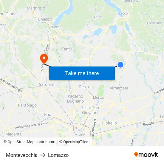 Montevecchia to Lomazzo map