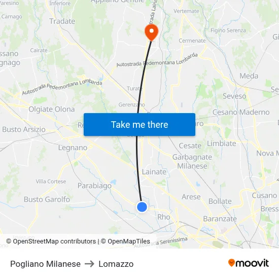 Pogliano Milanese to Lomazzo map