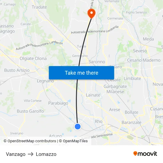 Vanzago to Lomazzo map