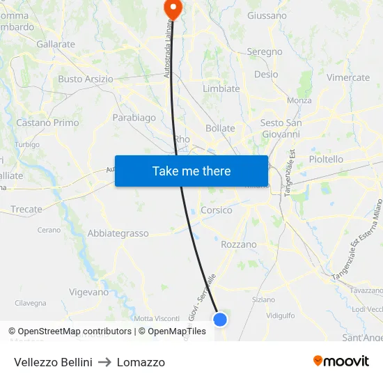 Vellezzo Bellini to Lomazzo map