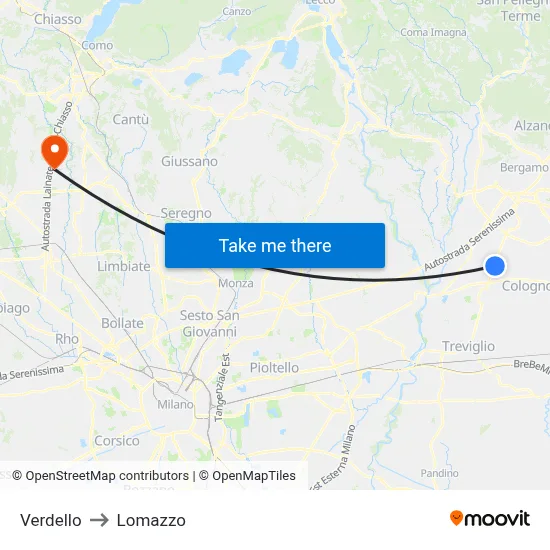 Verdello to Lomazzo map