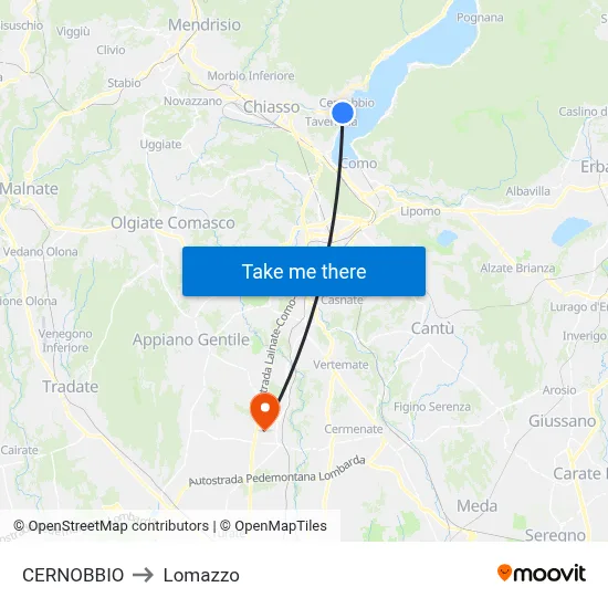 Cernobbio to Lomazzo map