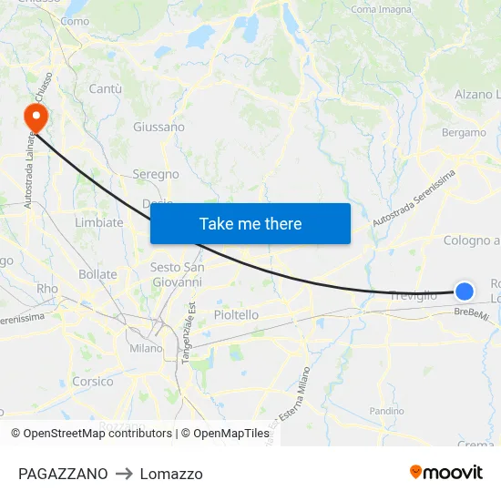Pagazzano to Lomazzo map