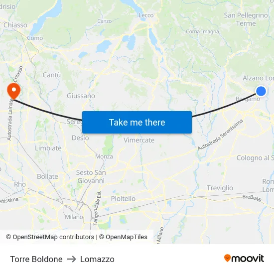Torre Boldone to Lomazzo map