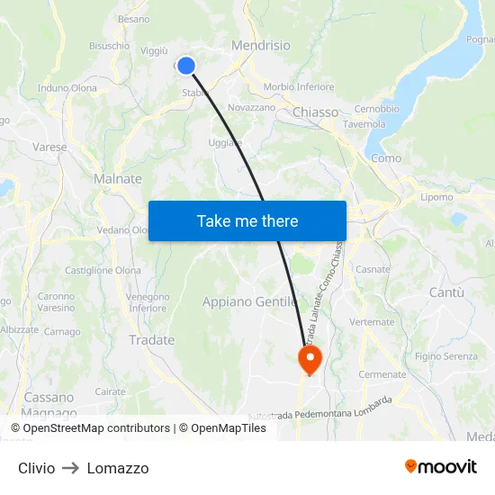 Clivio to Lomazzo map