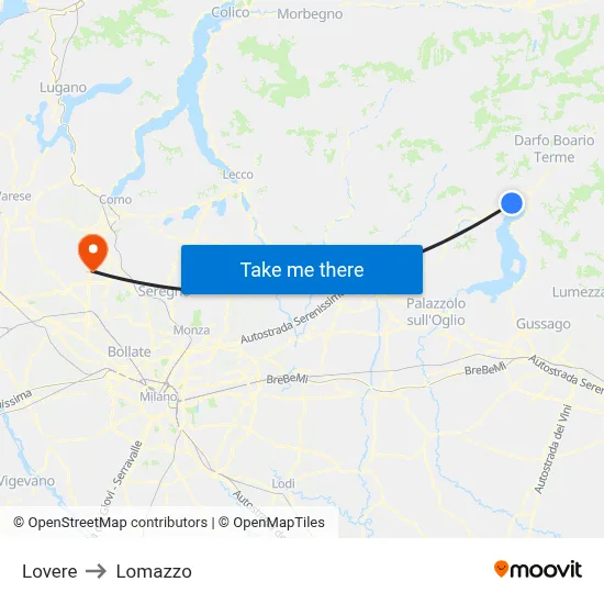 Lovere to Lomazzo map