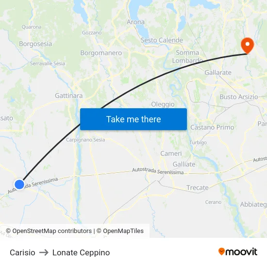 Carisio to Lonate Ceppino map