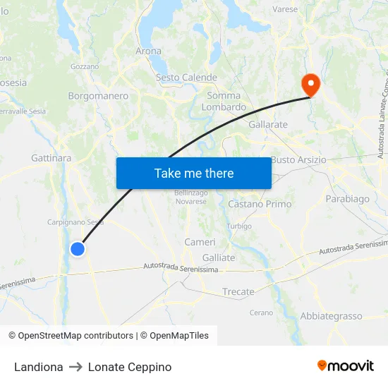 Landiona to Lonate Ceppino map