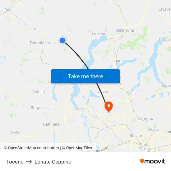 Toceno to Lonate Ceppino map