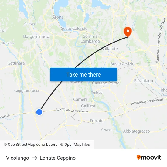 Vicolungo to Lonate Ceppino map