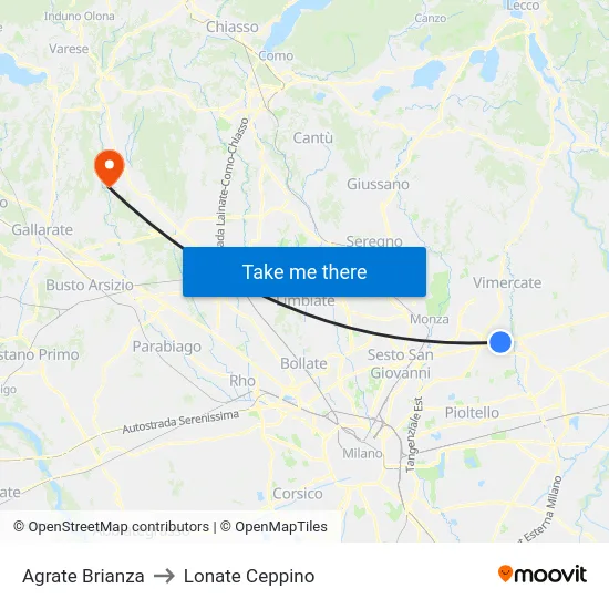 Agrate Brianza to Lonate Ceppino map