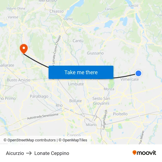 Aicurzio to Lonate Ceppino map