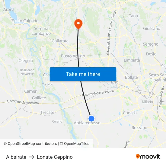 Albairate to Lonate Ceppino map