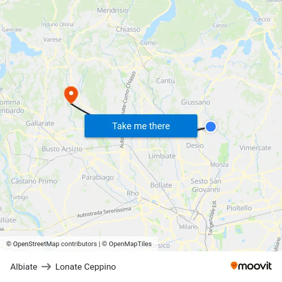 Albiate to Lonate Ceppino map