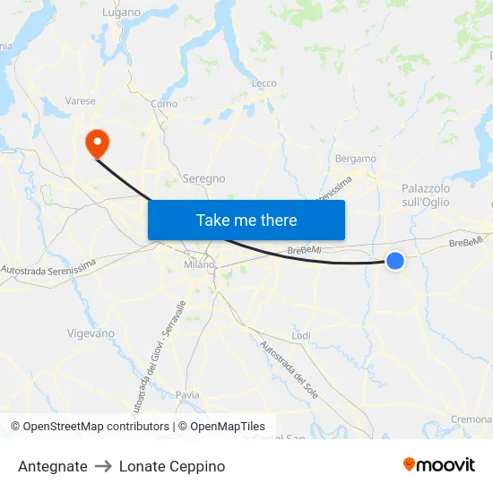 Antegnate to Lonate Ceppino map