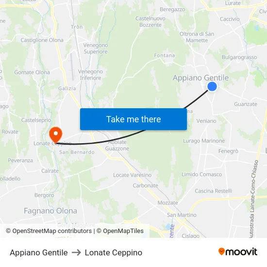 Appiano Gentile to Lonate Ceppino map