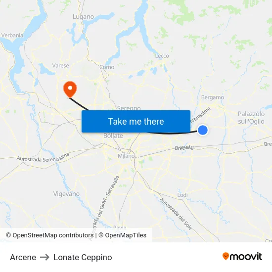 Arcene to Lonate Ceppino map
