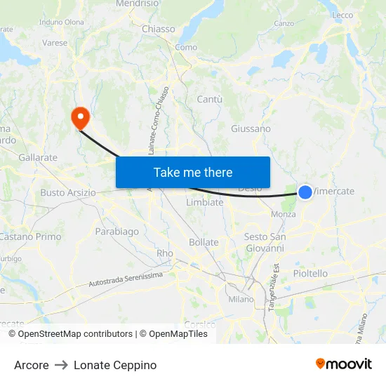 Arcore to Lonate Ceppino map