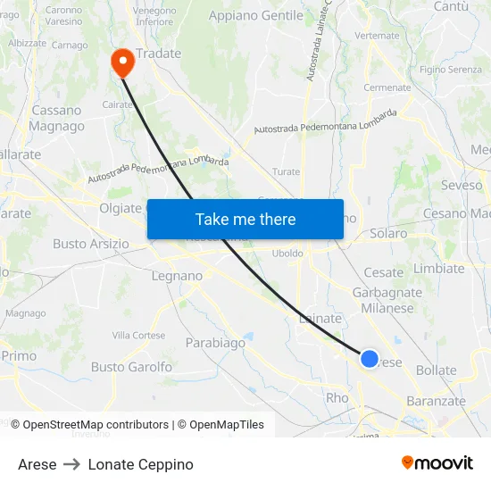 Arese to Lonate Ceppino map