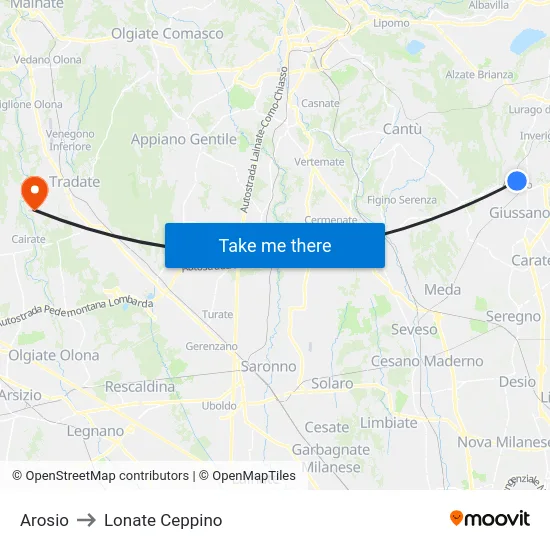 Arosio to Lonate Ceppino map
