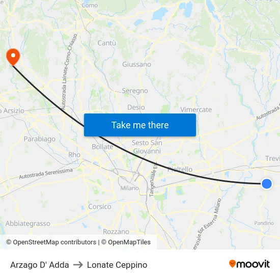 Arzago D' Adda to Lonate Ceppino map