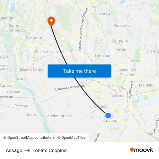 Assago to Lonate Ceppino map