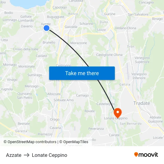 Azzate to Lonate Ceppino map