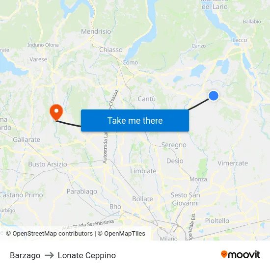 Barzago to Lonate Ceppino map