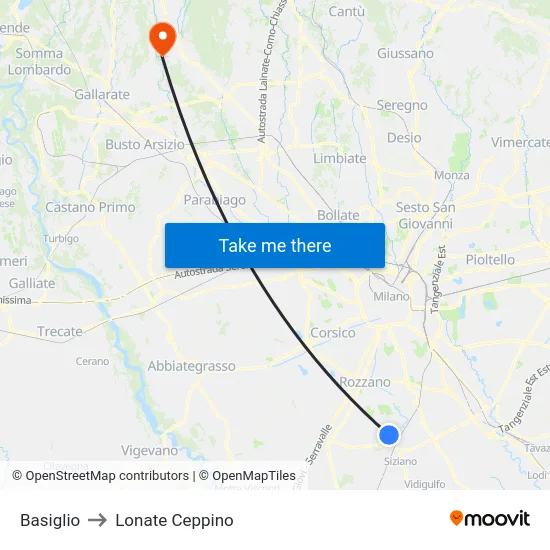 Basiglio to Lonate Ceppino map