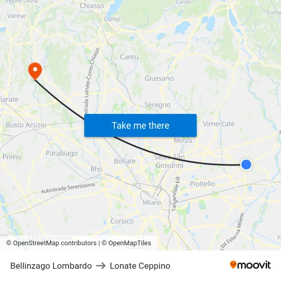 Bellinzago Lombardo to Lonate Ceppino map