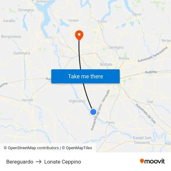 Bereguardo to Lonate Ceppino map