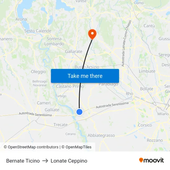 Bernate Ticino to Lonate Ceppino map