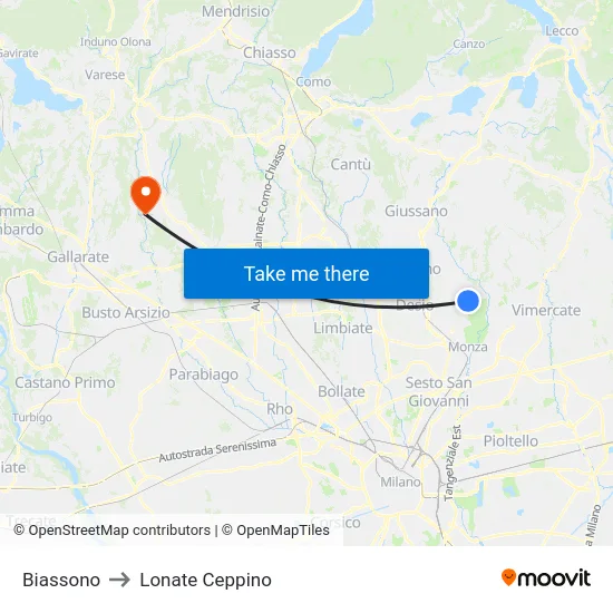 Biassono to Lonate Ceppino map