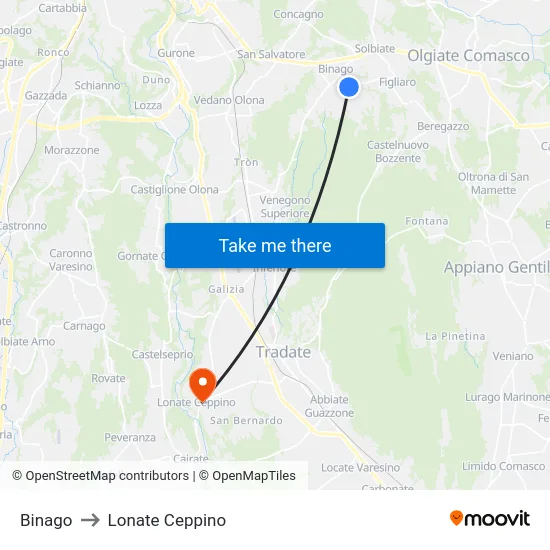 Binago to Lonate Ceppino map