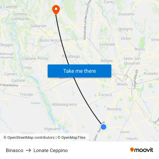 Binasco to Lonate Ceppino map