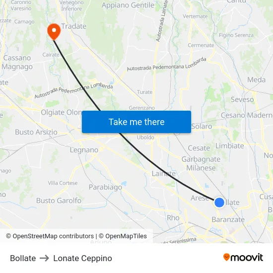Bollate to Lonate Ceppino map