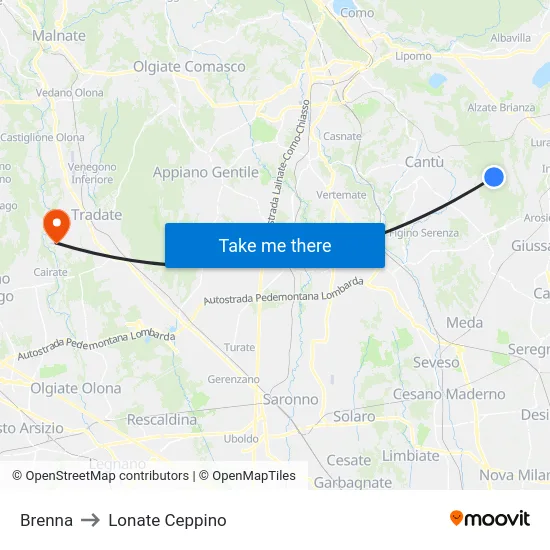 Brenna to Lonate Ceppino map