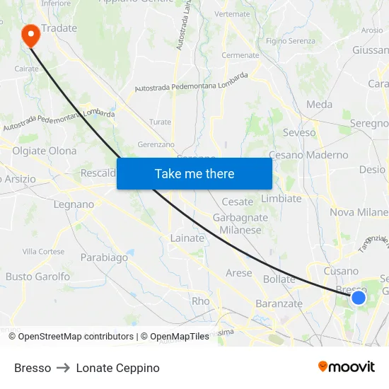 Bresso to Lonate Ceppino map