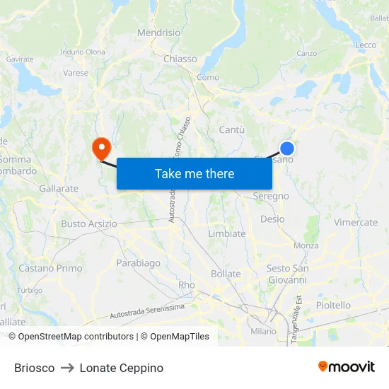 Briosco to Lonate Ceppino map