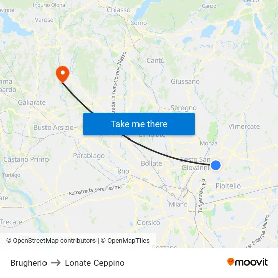 Brugherio to Lonate Ceppino map