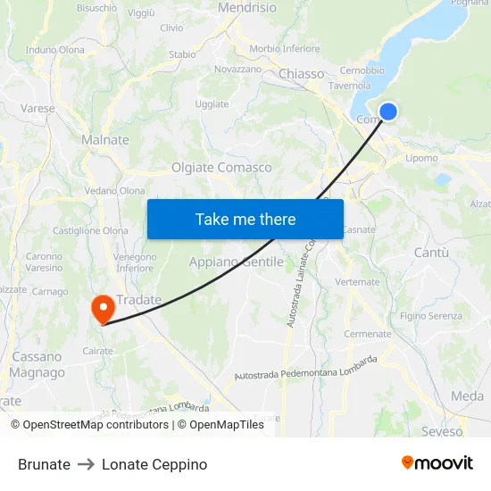 Brunate to Lonate Ceppino map