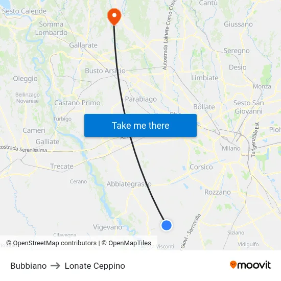 Bubbiano to Lonate Ceppino map