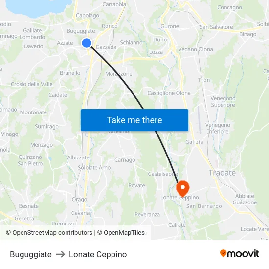 Buguggiate to Lonate Ceppino map