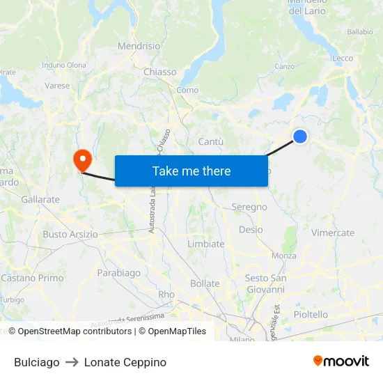 Bulciago to Lonate Ceppino map