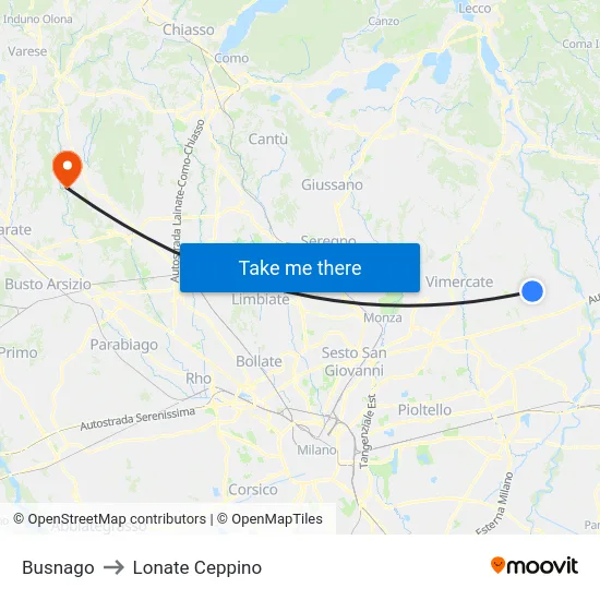 Busnago to Lonate Ceppino map