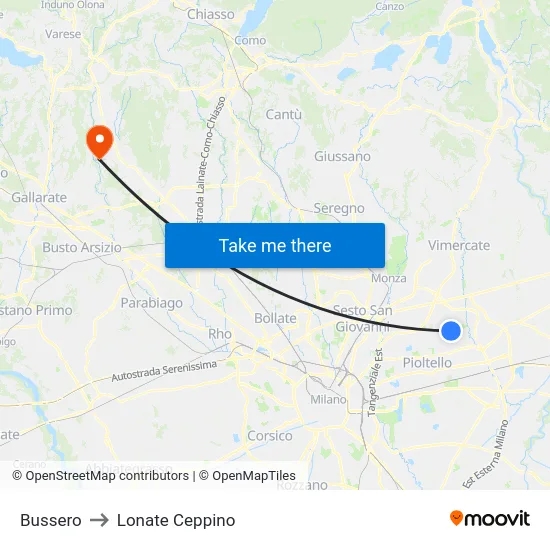 Bussero to Lonate Ceppino map