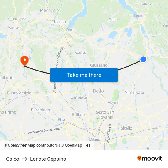 Calco to Lonate Ceppino map