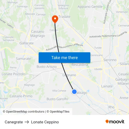 Canegrate to Lonate Ceppino map