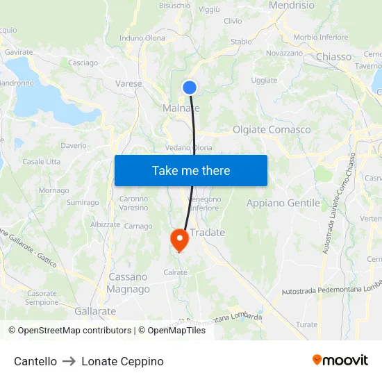 Cantello to Lonate Ceppino map