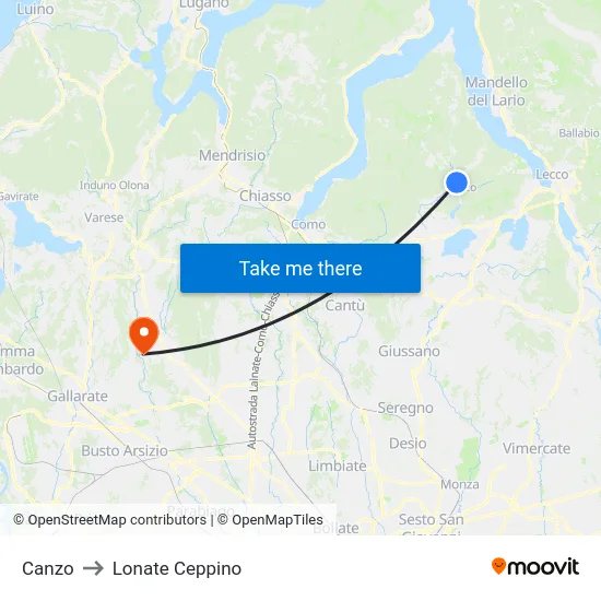 Canzo to Lonate Ceppino map